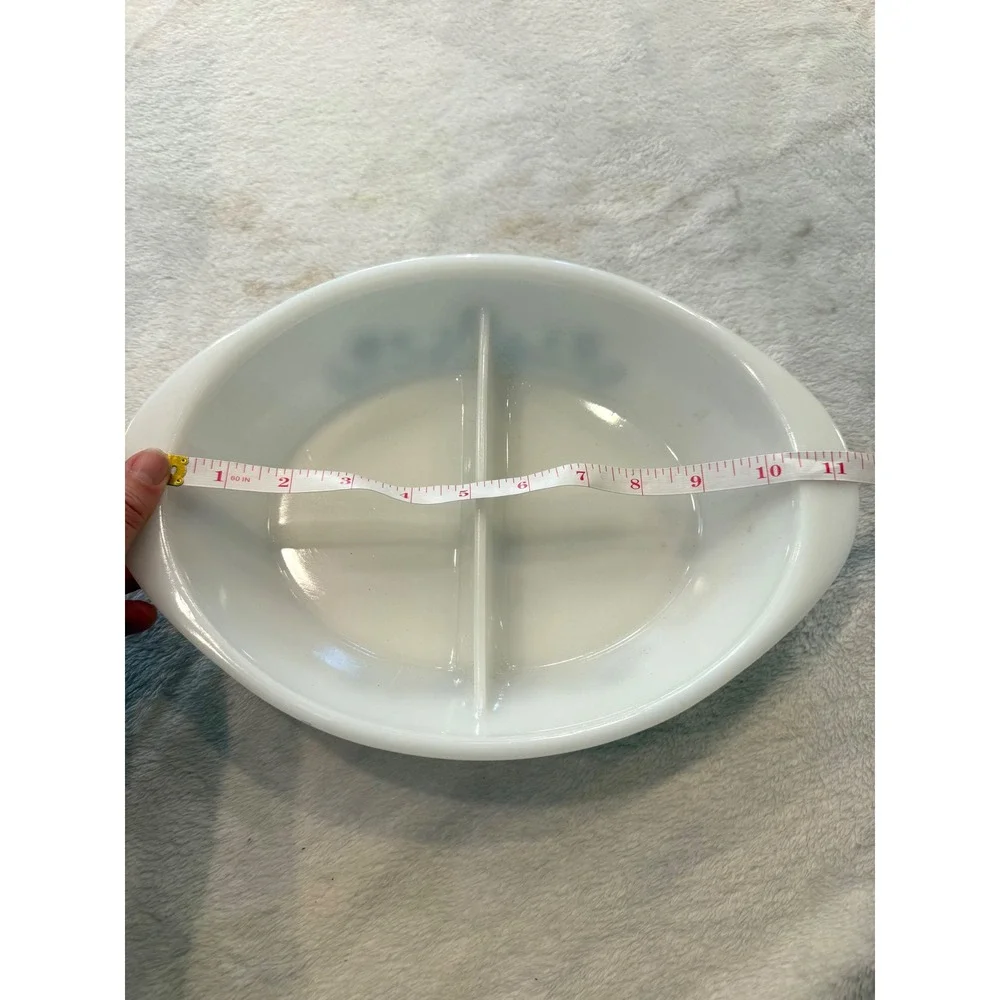 Vintage Glasbake Blue Cornflower Divided Serving Dish Milk Glass Oval 10 inch